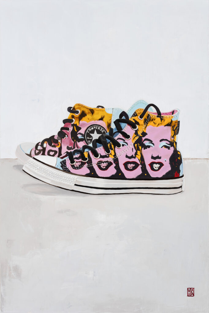 Converse Marilyn Art Print by Martin Allen featuring iconic Marilyn Monroe with classic Converse sneakers, blending pop culture and fashion in vibrant artwork.