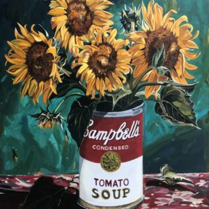 A colorful artwork titled "Sunflower Soup" by Martin Allen, blending Van Gogh's Sunflowers with Warhol's Campbell's Soup in a whimsical, satirical style. The piece features vibrant colors and intricate details, capturing the essence of both iconic artworks in a unique fusion.