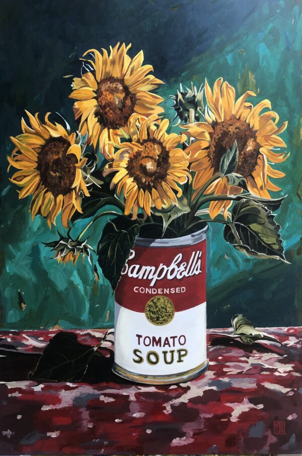 A colorful artwork titled "Sunflower Soup" by Martin Allen, blending Van Gogh's Sunflowers with Warhol's Campbell's Soup in a whimsical, satirical style. The piece features vibrant colors and intricate details, capturing the essence of both iconic artworks in a unique fusion.