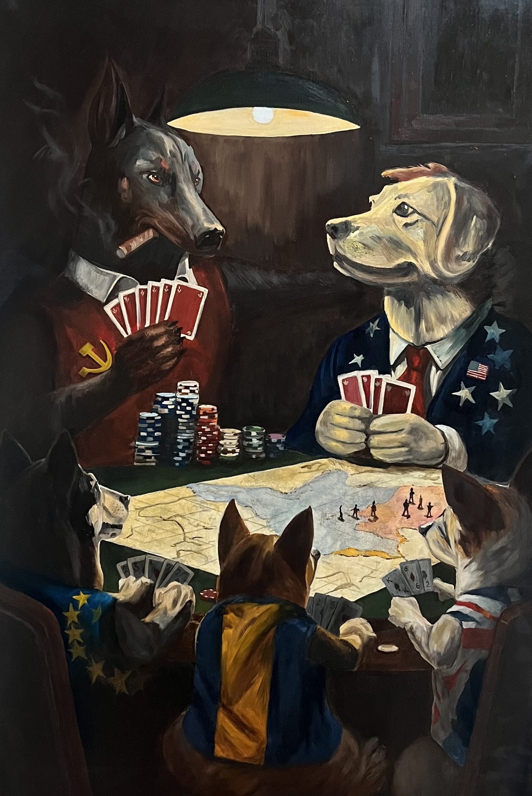 Political Oil Painting for Sale Dogs of War Martin Allen Dogs of War political oil painting by Martin Allen shown in modern interior room setting