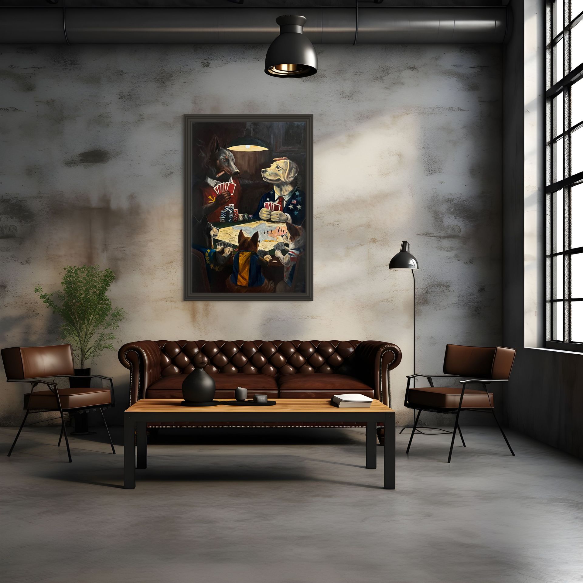 dogs-of-war-political-oil-painting-martin-allen-in-situ-room Dogs of War political oil painting by Martin Allen shown in modern interior room setting